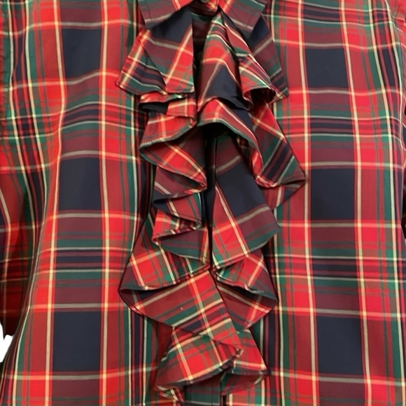 Ralph Lauren cotton Christmas plaid ruffle  button front shirt cuffs collar. XL - Picture 5 of 12